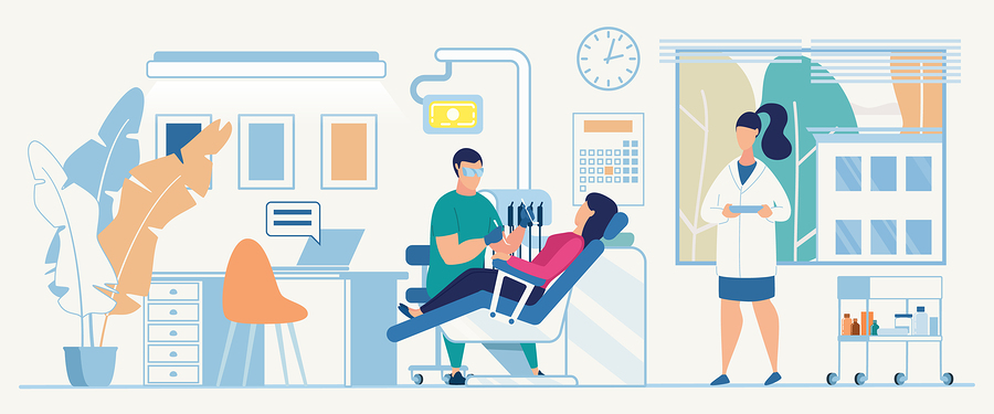 Drawing of a patient receiving a cleaning at the dentist.